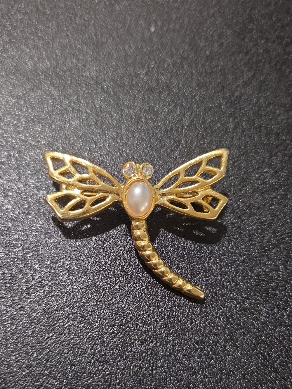 Gold Dragonfly Brooch with Pearl Accent
